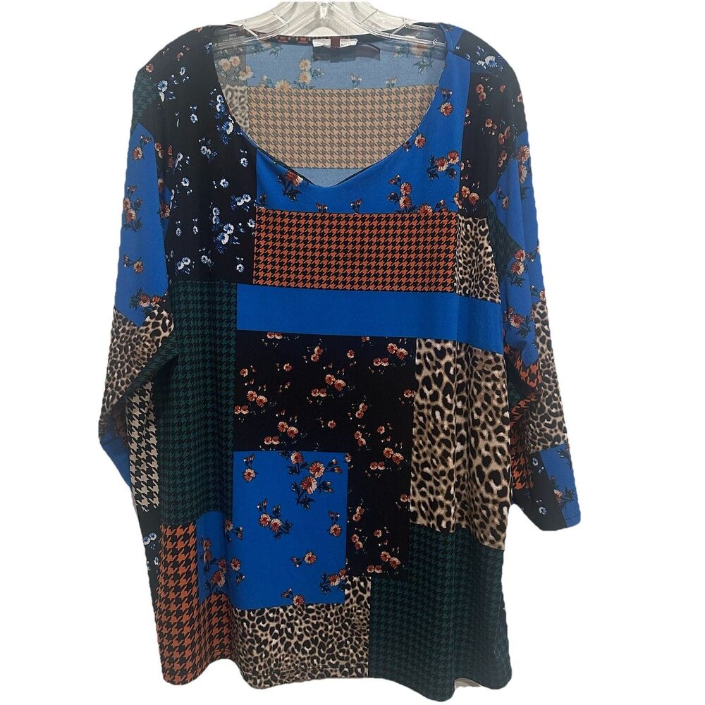 Calvin Klein 2X Womens 3/4 Sleeve Blouse Pullover Art to Wear Career Patchwork